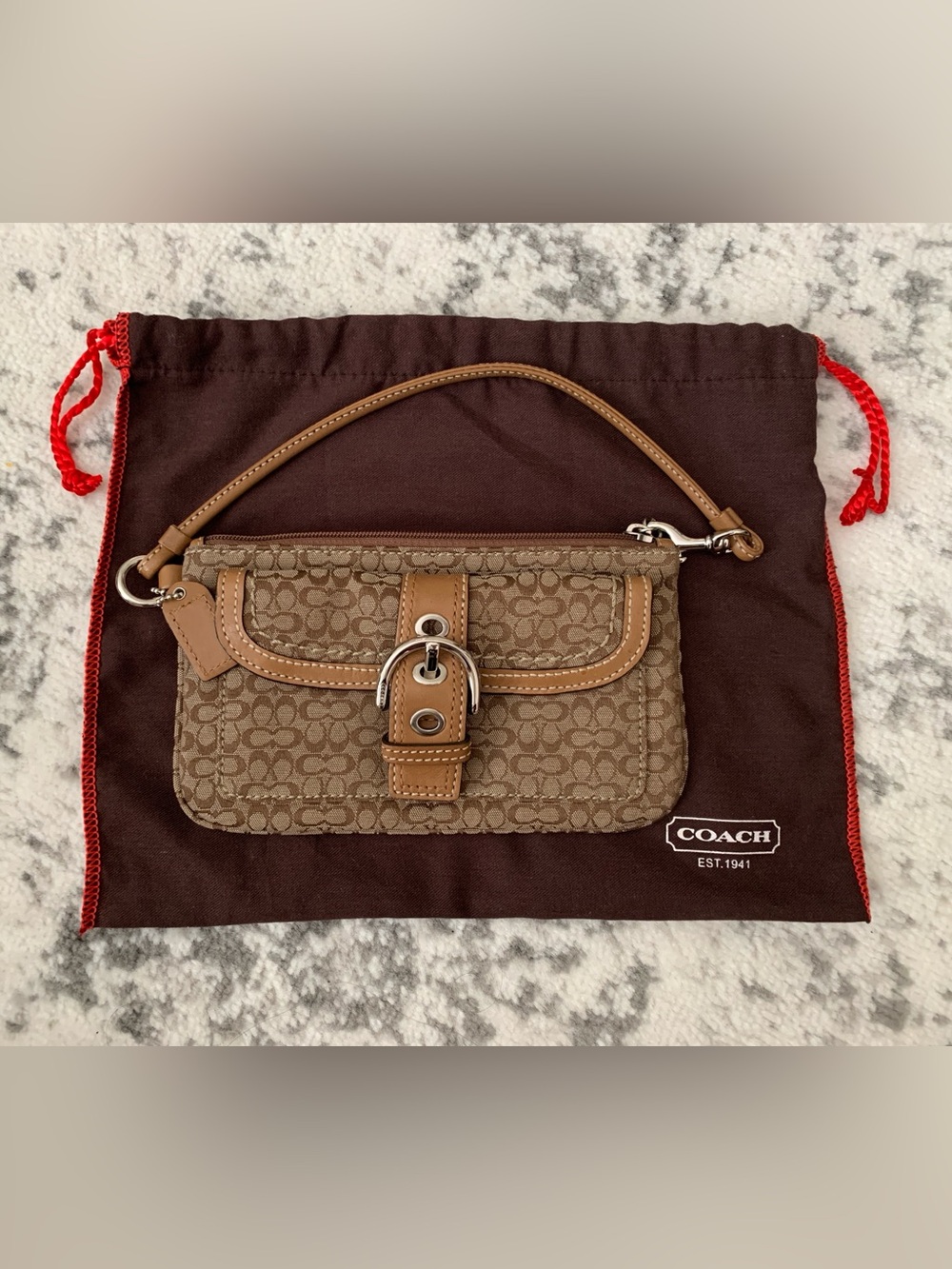 Coach Brown Signature Canvas Wristlet with Tan Leather Trim